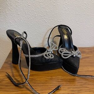 Black Glitter Strap Heels With Bow